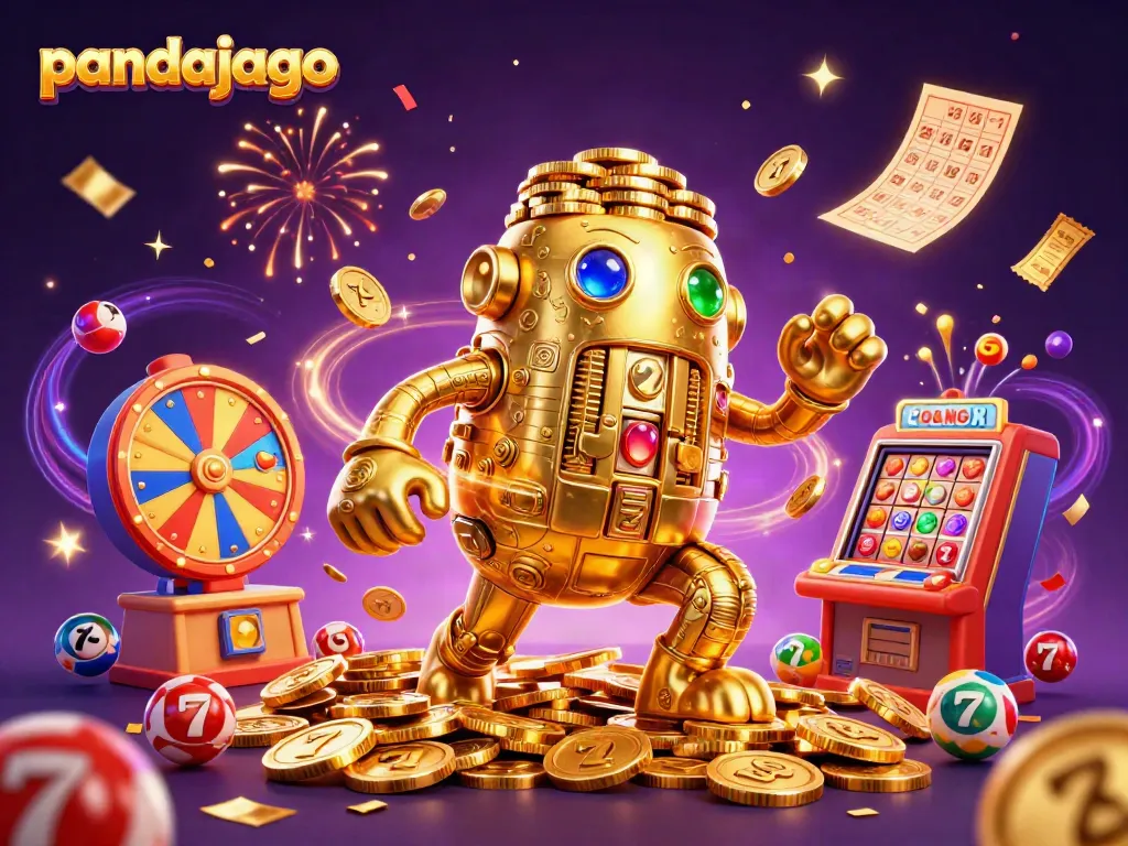 Pandajago memberi kesempatan untuk meraih jackpot dengan simbol slot berkilauan dan koin emas berputar.