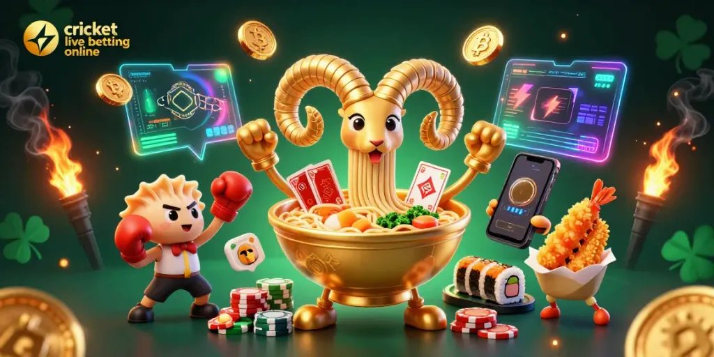 Engage in cricket live betting online with this vibrant 3D illustration of fun casino characters and elements.