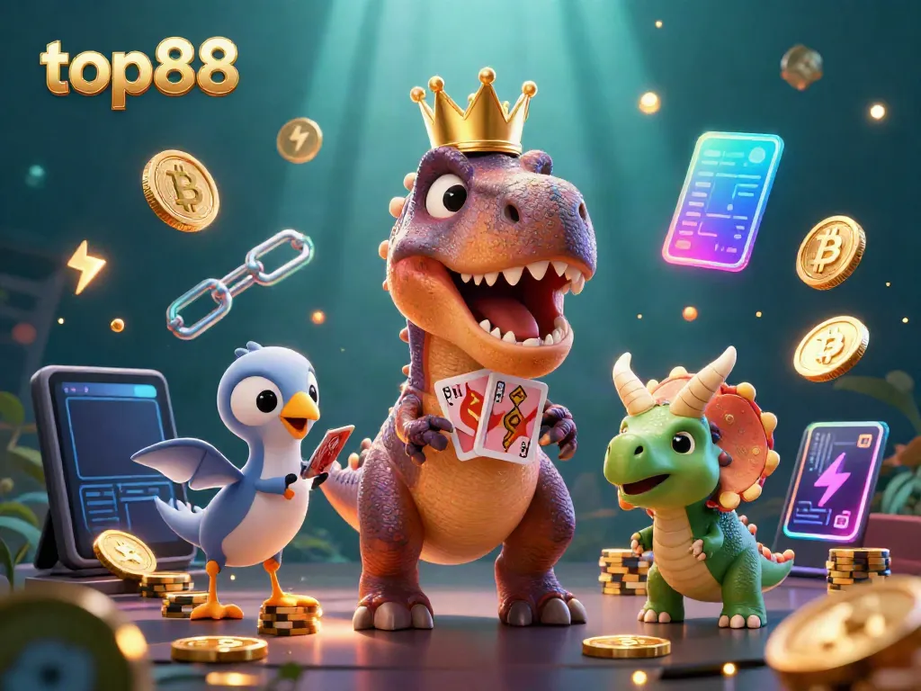 Experience top88's thrilling casino atmosphere with a vibrant T-Rex and friends playing cards.