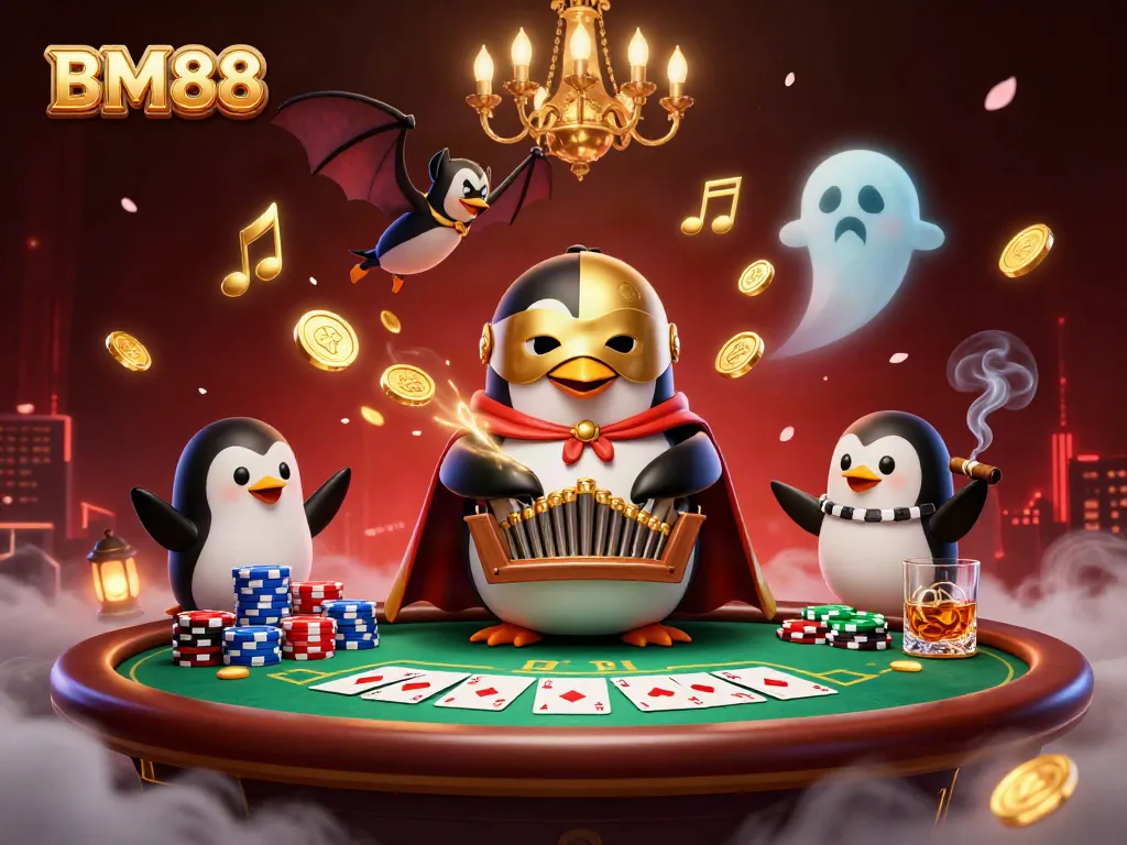 Experience the thrilling BM88 casino scene with a whimsical penguin and acrobatic bat in action.