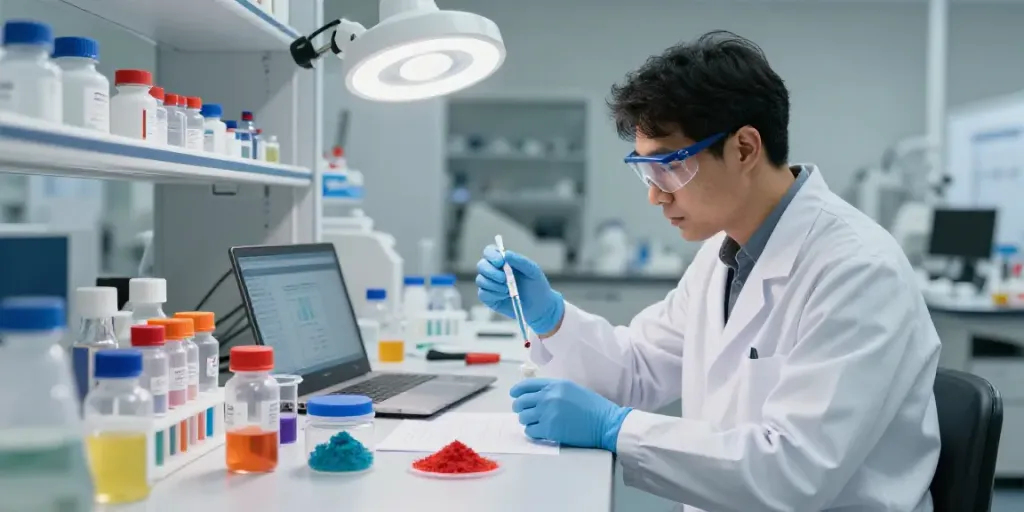 Research Chemicals for sale Australia displayed in a modern lab, showcasing vials and powders among safety equipment.