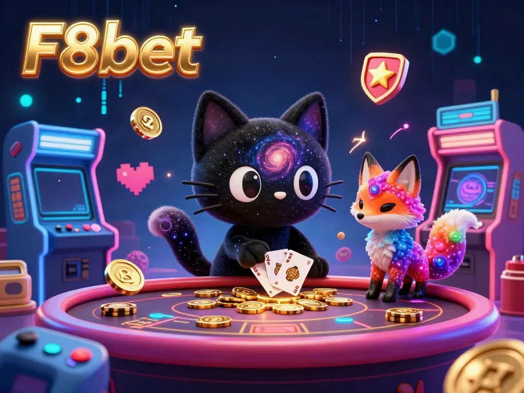 Join F8bet's captivating cosmic casino with a whimsical black hole cat and colorful fox, capturing thrilling gameplay.