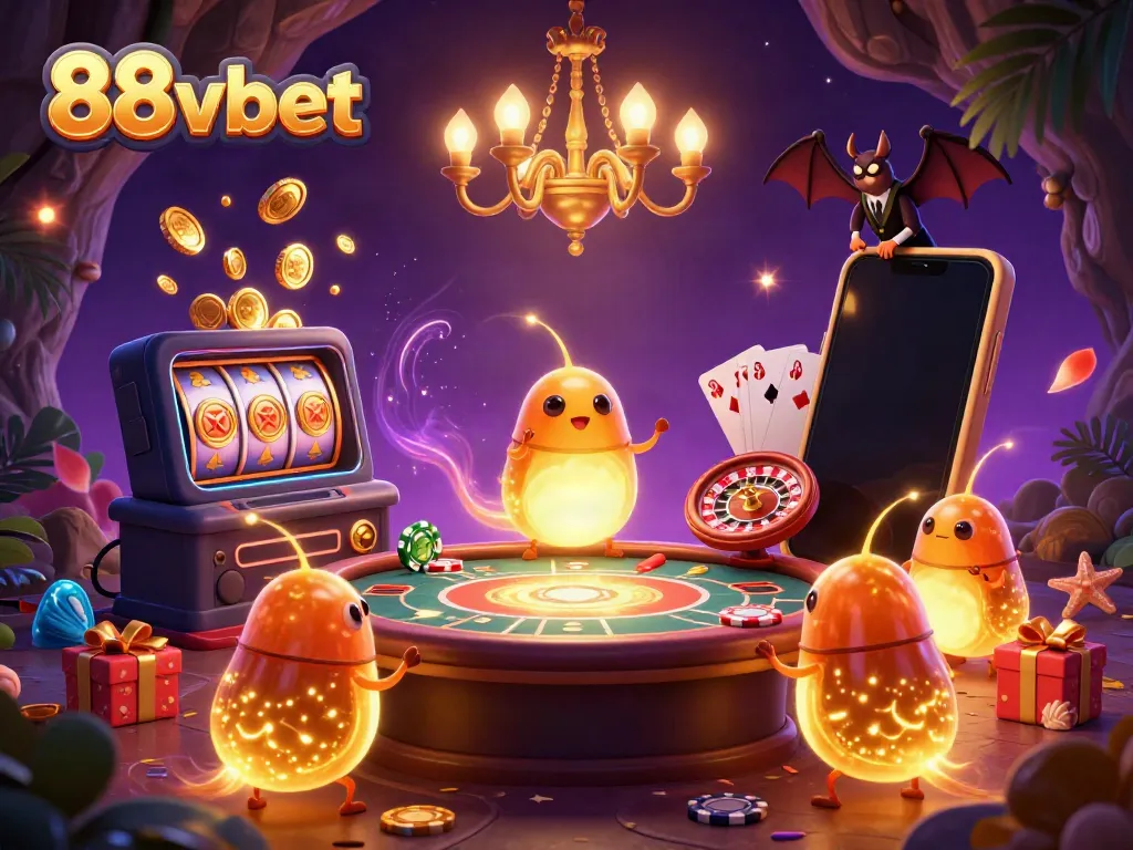 Experience the vibrant world of 88vbet with glowing casino elements and bioluminescent characters.