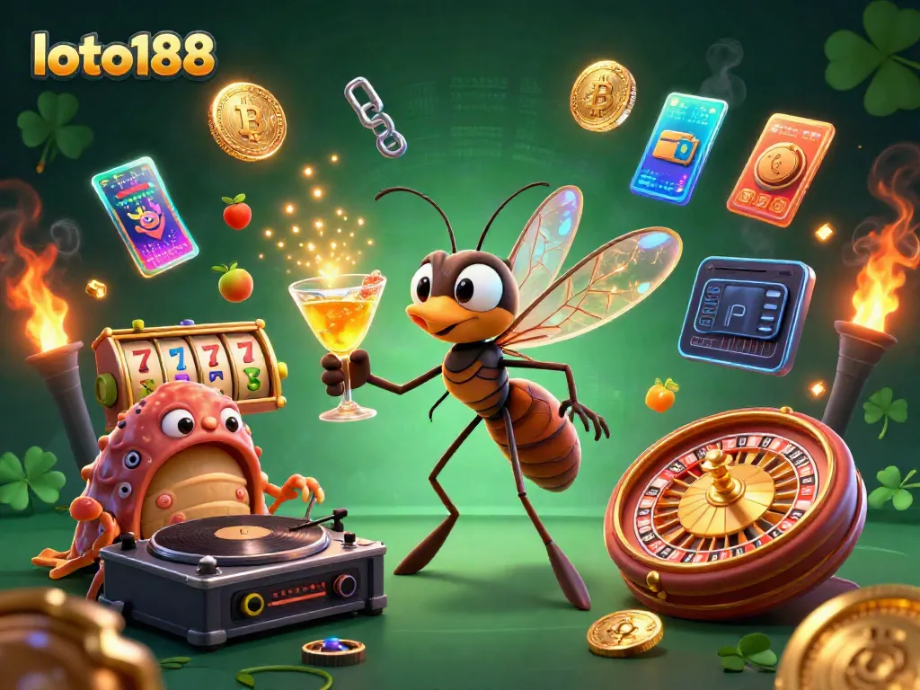 Engage with loto188's vibrant 3D illustration featuring casino elements and lively characters.