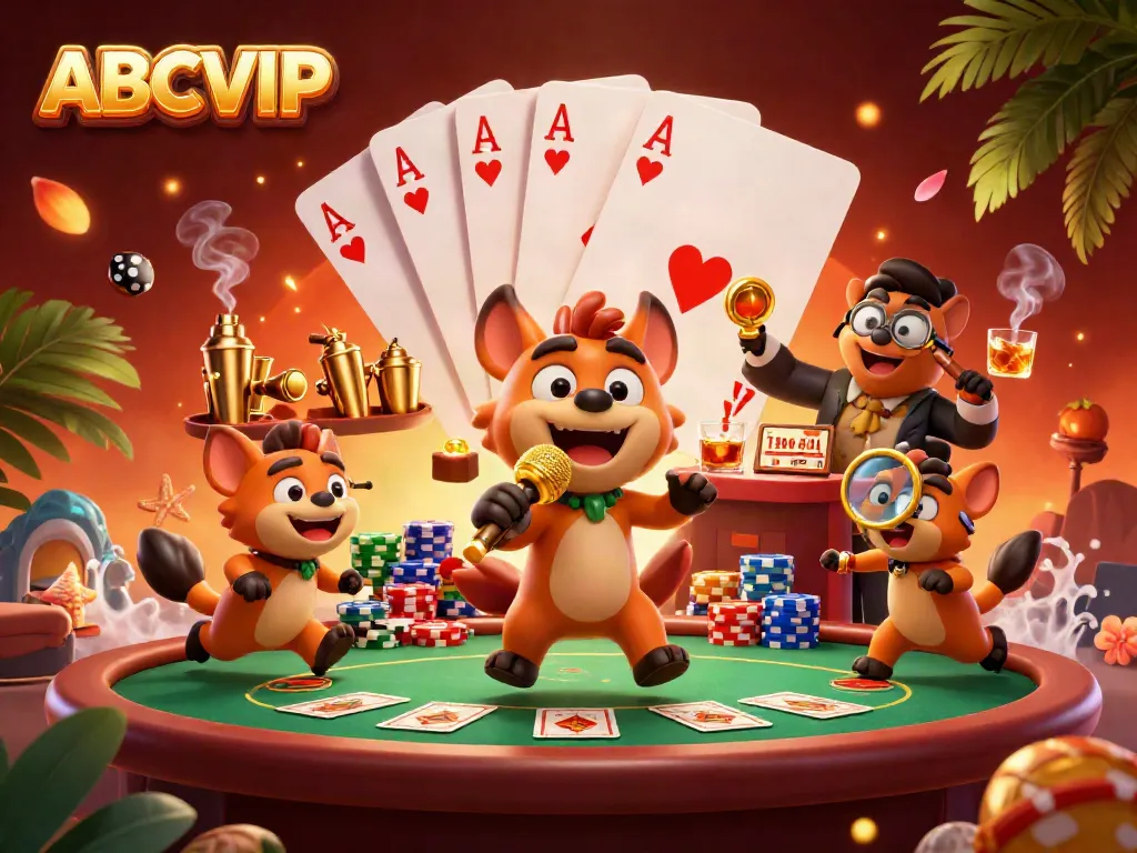 ABCVIP hyena characters bring a vibrant atmosphere to a dazzling casino scene filled with poker elements.