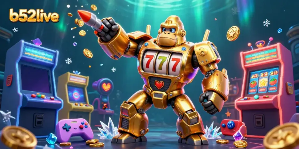 Spin to win with b52live featuring a golden gorilla mech and exciting casino elements.