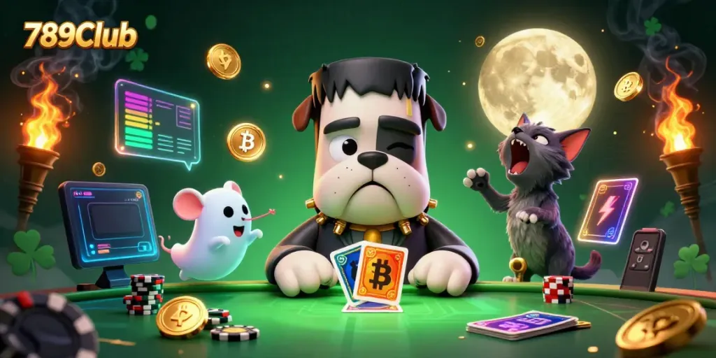 Engaging scene at 789Club featuring a Frankenstein bulldog dealer, ghost mouse, and werewolf kitten amidst glowing casino elements.