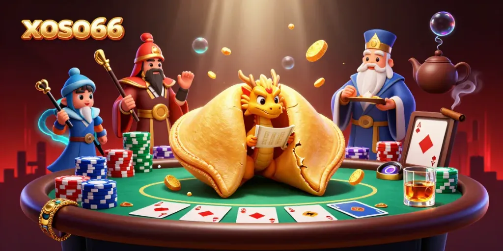 Experience the fun of xoso66 with a vibrant and dynamic casino scene filled with game elements and characters.
