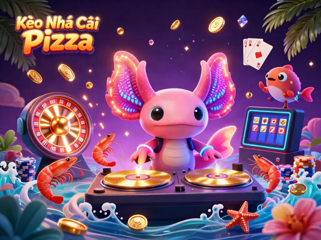 Kèo Nhà Cái Pizza features an electrifying underwater scene with a neon axolotl DJ spinning records and vibrant gambling elements.