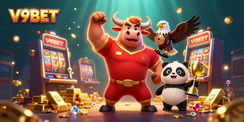 Experience V9BET excitement with a dynamic casino scene featuring cartoon mascots and vibrant gaming elements.