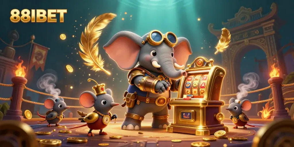 Experience thrilling action with 88IBET as a steampunk elephant delights in a vibrant casino scene.