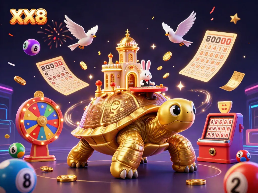 Engage in thrilling gameplay with the XX8 rabbit dealer amidst a vibrant casino scene filled with colorful elements.
