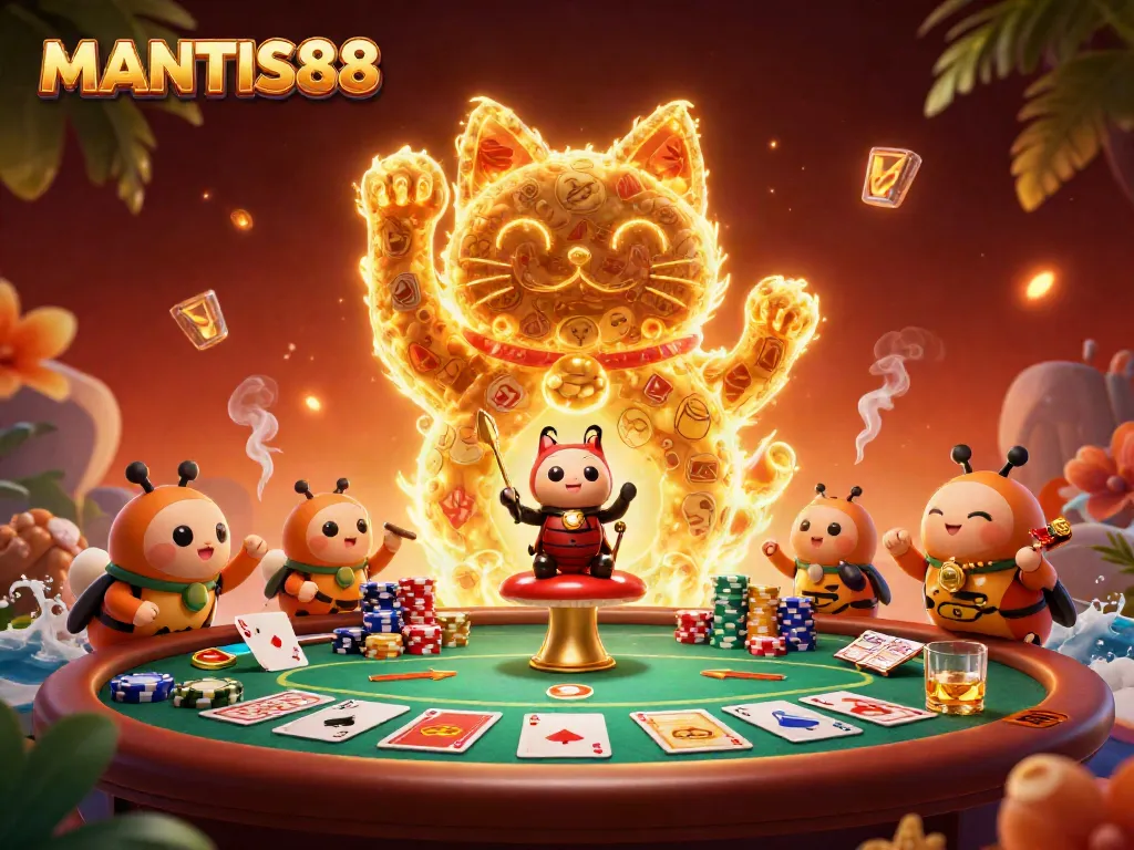 MANTIS88 brings an exciting luck cat illustration alive in a dynamic casino scene with vibrant poker elements.