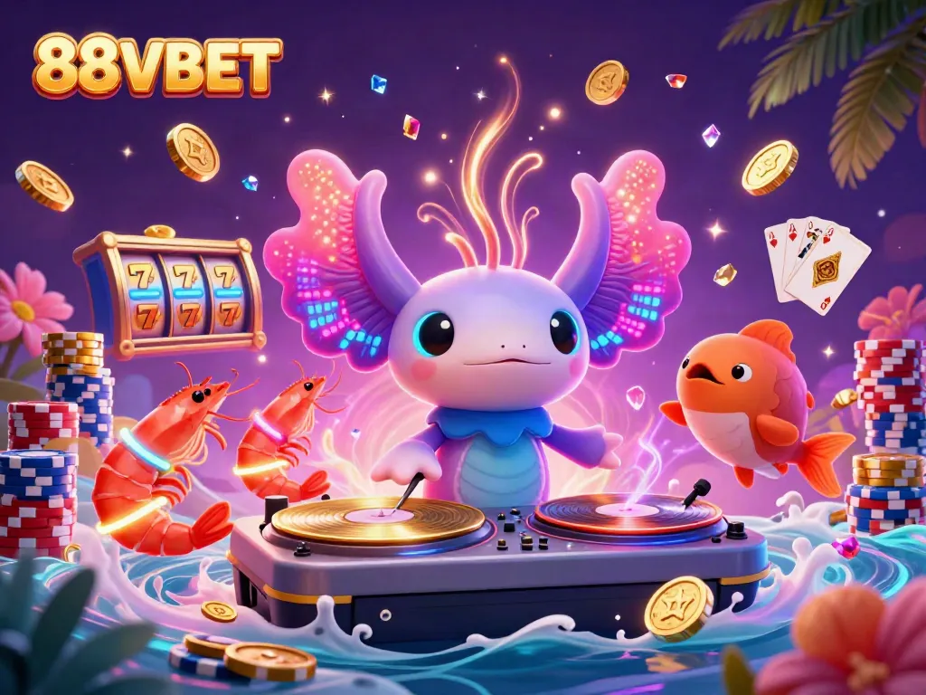 Engage with 88VBET's vibrant casino atmosphere featuring a DJ axolotl, dancing shrimp, and lively gameplay elements.