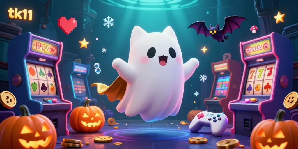 Engage with thrilling tk11 casino adventures in a vibrant haunted mansion featuring playful ghosts and glowing jack-o-lanterns.