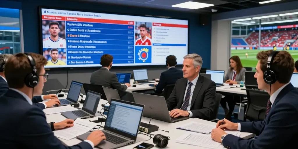 ข่าวซื้อขายนักเตะ updates in a vibrant sports newsroom with analysts discussing player transfers