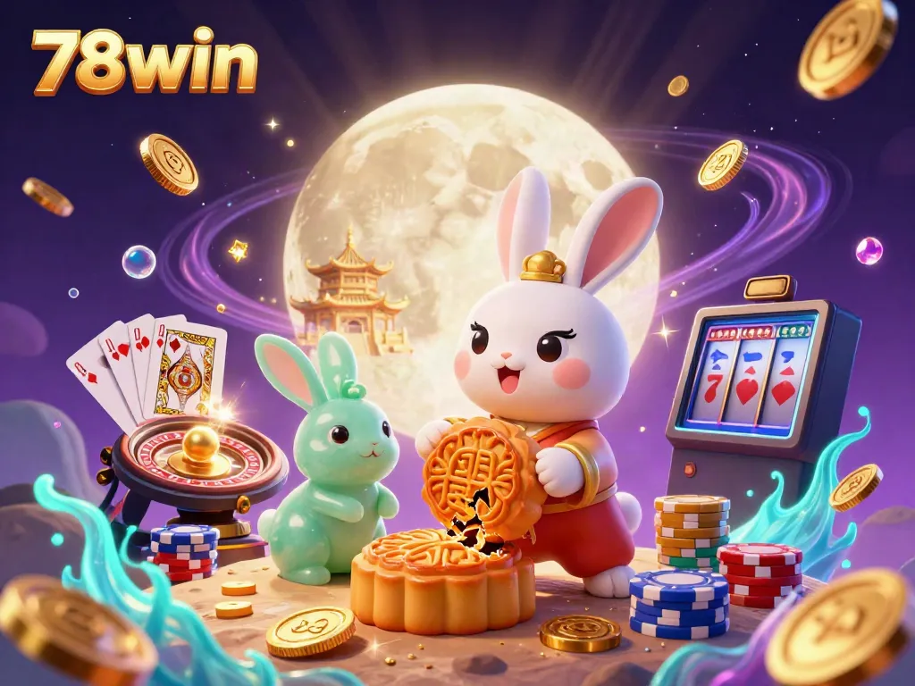 Experience the thrill of 78win with a magical casino scene featuring a moon rabbit pounding mooncakes revealing poker chips, surrounded by casino elements.