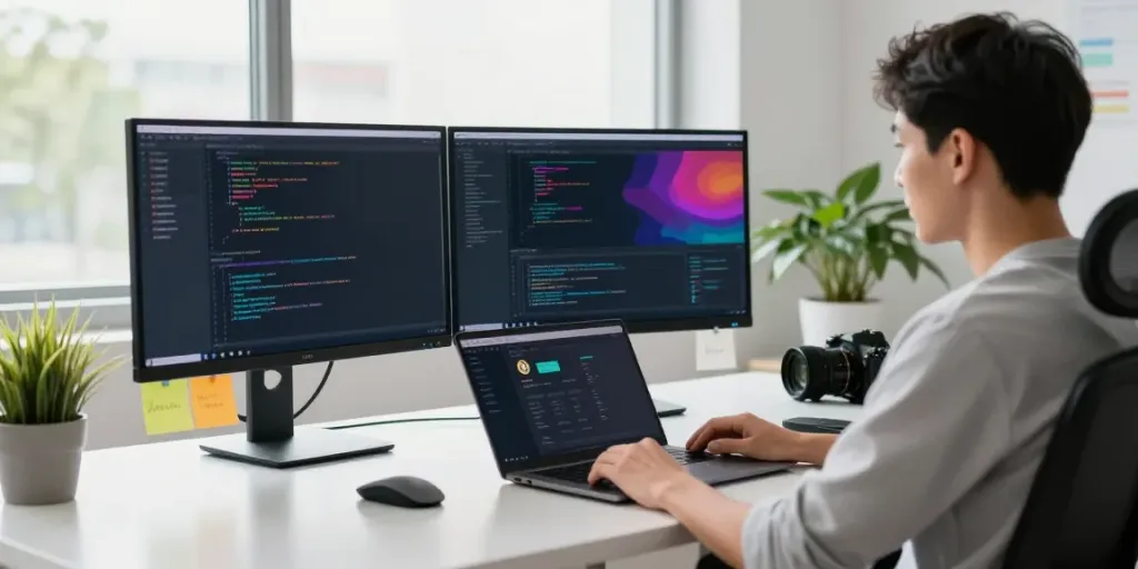 Crypto VPS hosting workspace with developer coding on dual monitors, supporting crypto payments and privacy.
