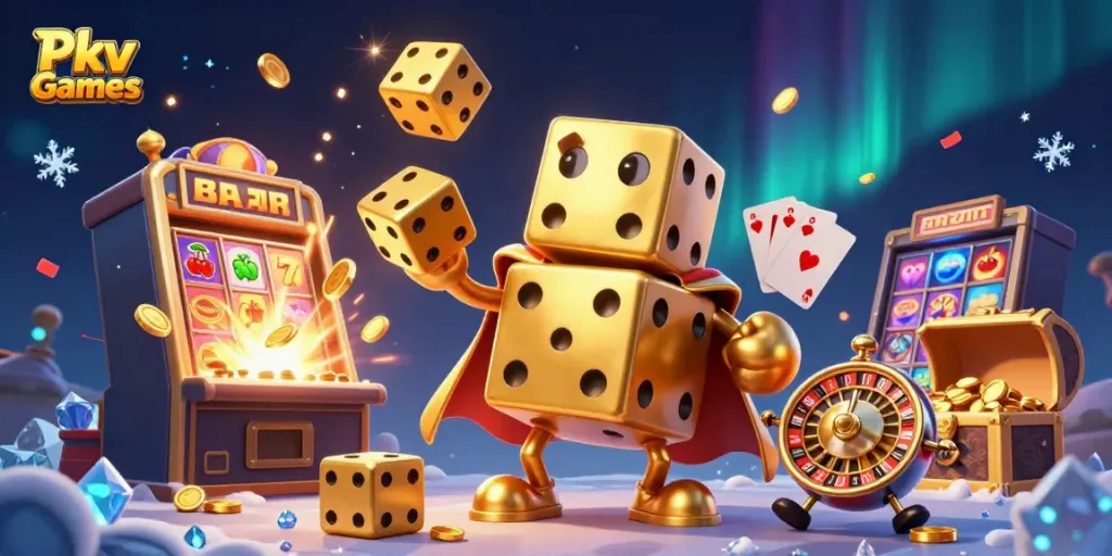 Pkv Games showcases vibrant online gaming with golden dice, slot machines, and dynamic casino elements