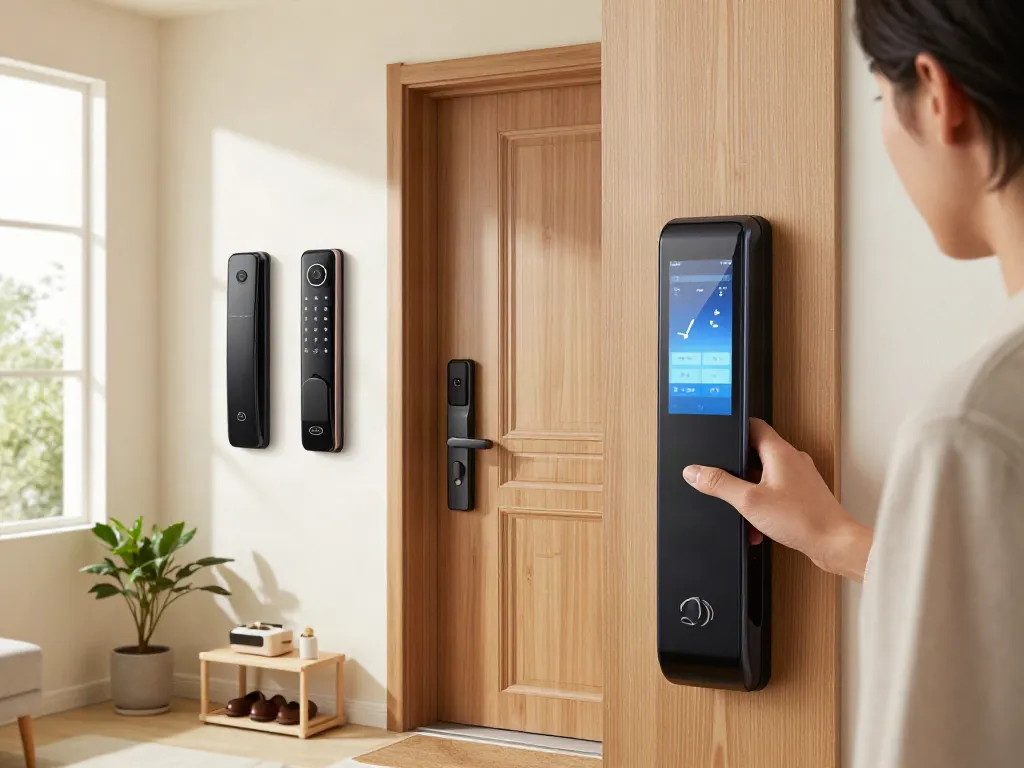 Exploring خرید قفل هوشمند options with various smart lock models in a modern home entryway.