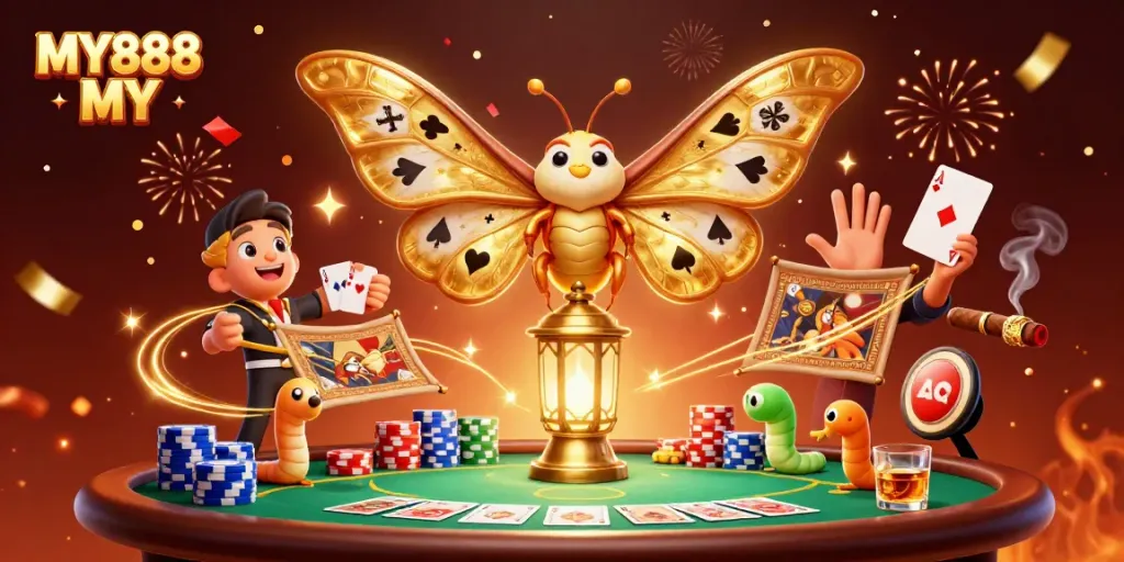 Experience thrilling gameplay at MY888 MY with stunning casino elements and a golden moth theme.