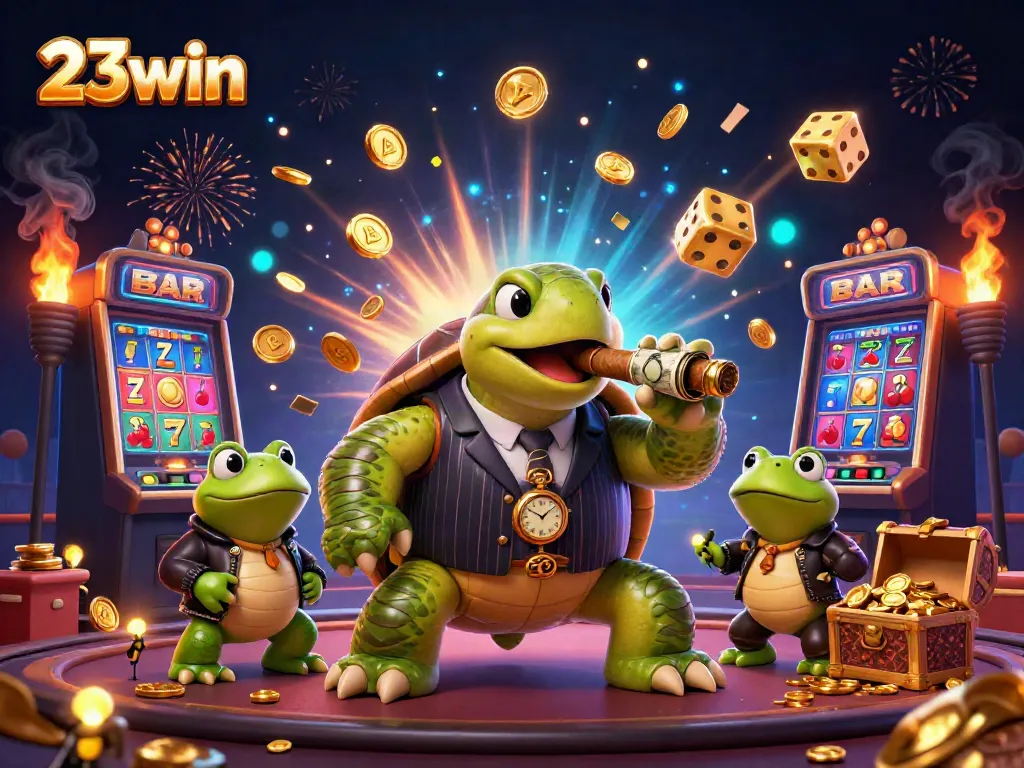 Engage with thrilling casino fun at 23win featuring cartoon characters, slot machines, and dynamic game elements.