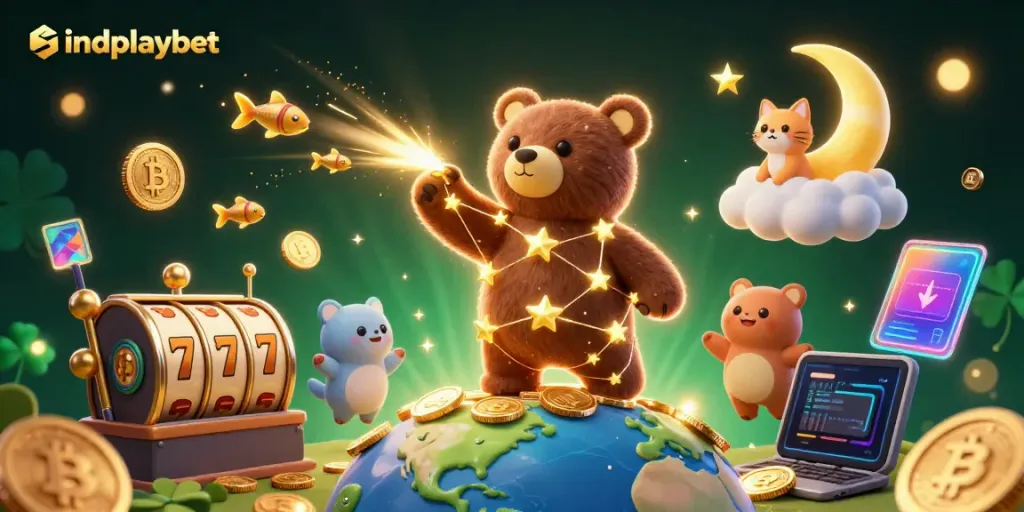 Indoplaybet menyajikan ilustrasi cerah dengan bintang berbentuk beruang, simbol slot, dan koin cryptocurrency.
