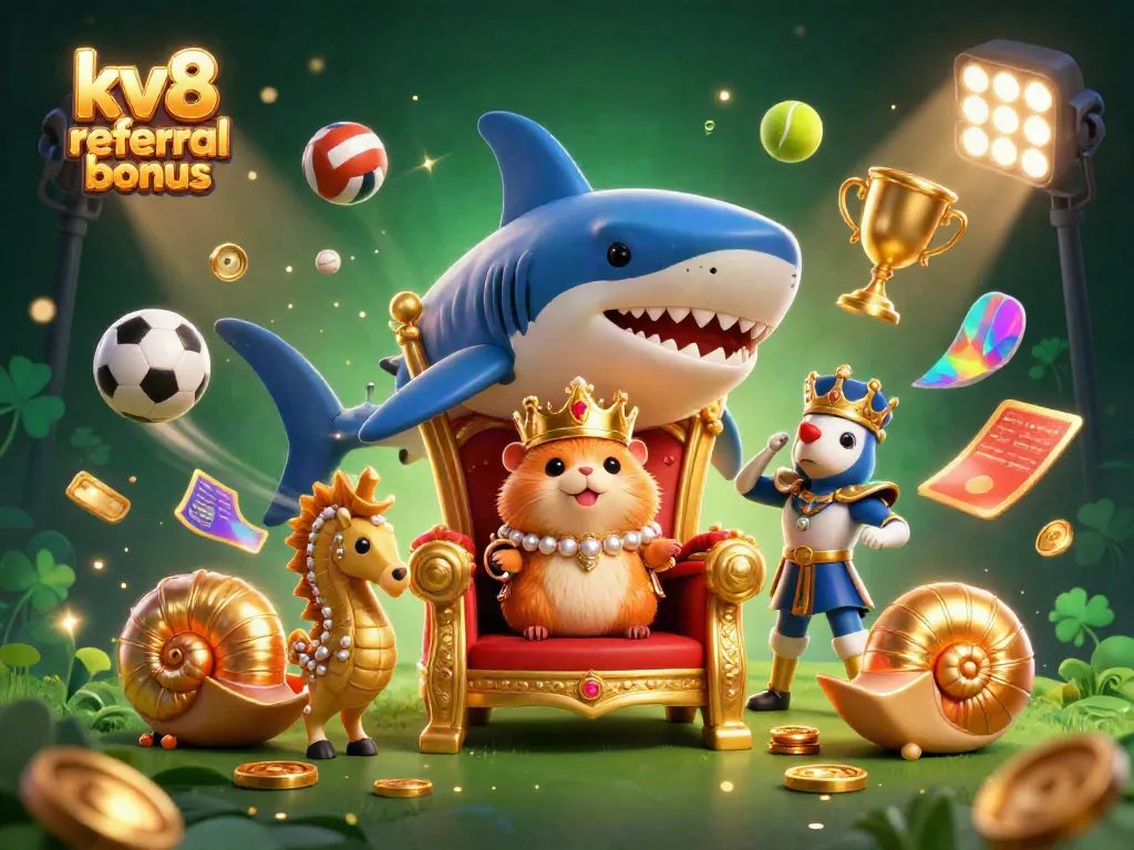 Engage with the kv8 referral bonus featuring a hamster king and seahorse guards in a colorful casino-themed scene.